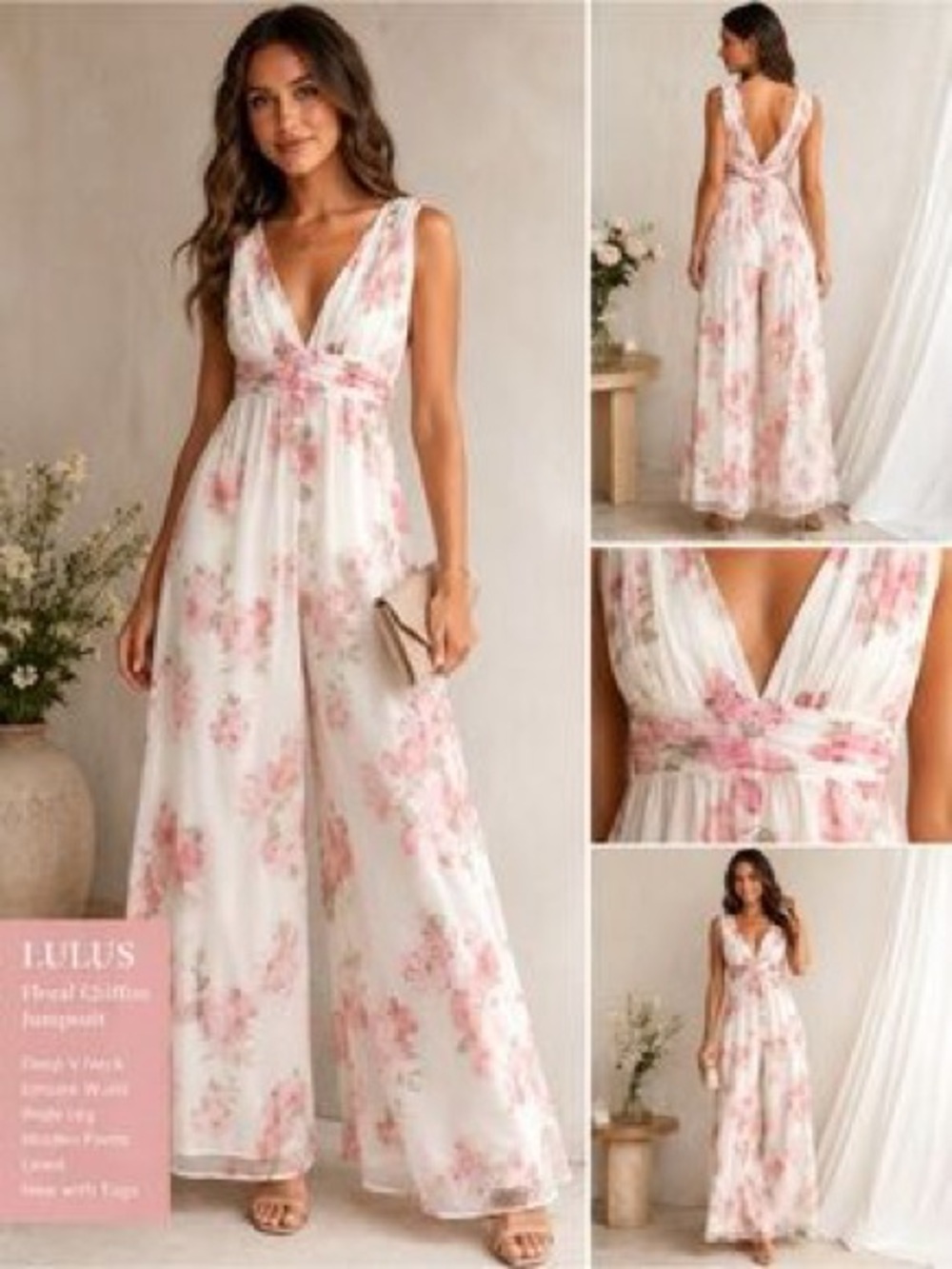 Lulus Ivory Pink Floral V-Neck Maxi Dress XS NWT